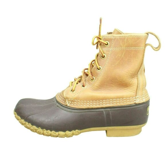 LL Bean Brown Leather Lace Up Round Toe Unlined Ankle Duck Boots Size 8 N - Picture 1 of 10